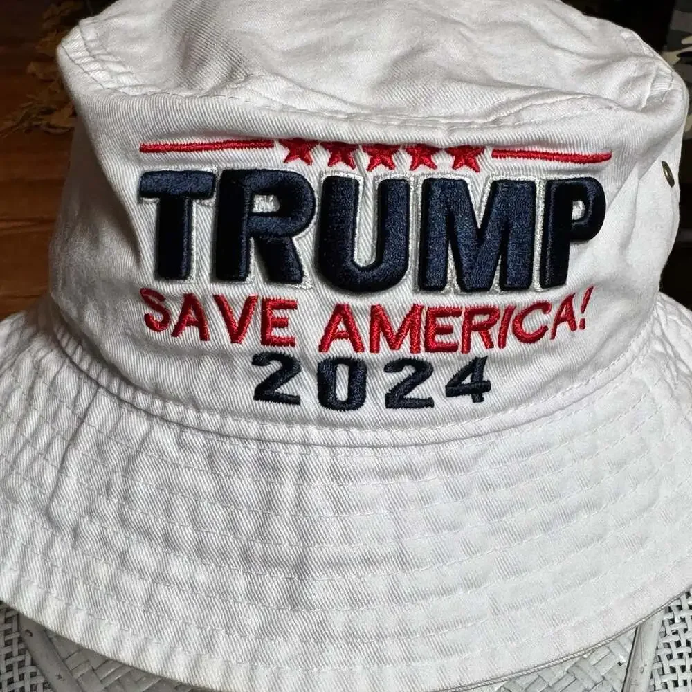 Trump Save America 2024 Embroidered White Bucket Hat with Chin Strap